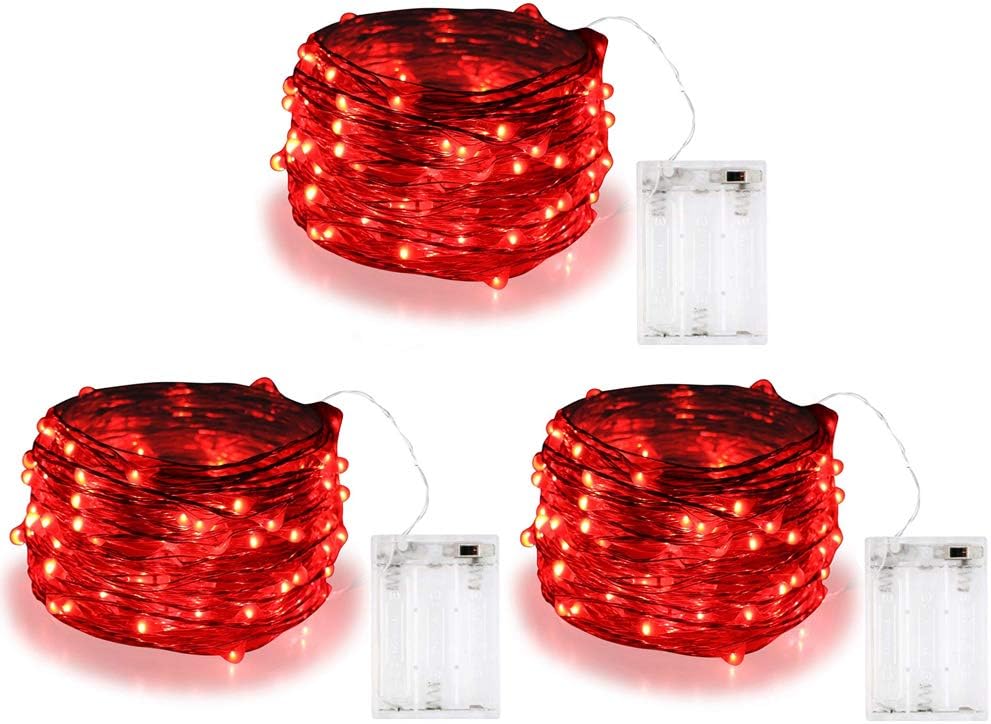 3 Pack,BOLWEO 10ft/3M 30 LEDs Red Battery Operated String Light,Battery Powered Christmas Lights,Indoor Outdoor Home Holiday Wedding Decorations-Red