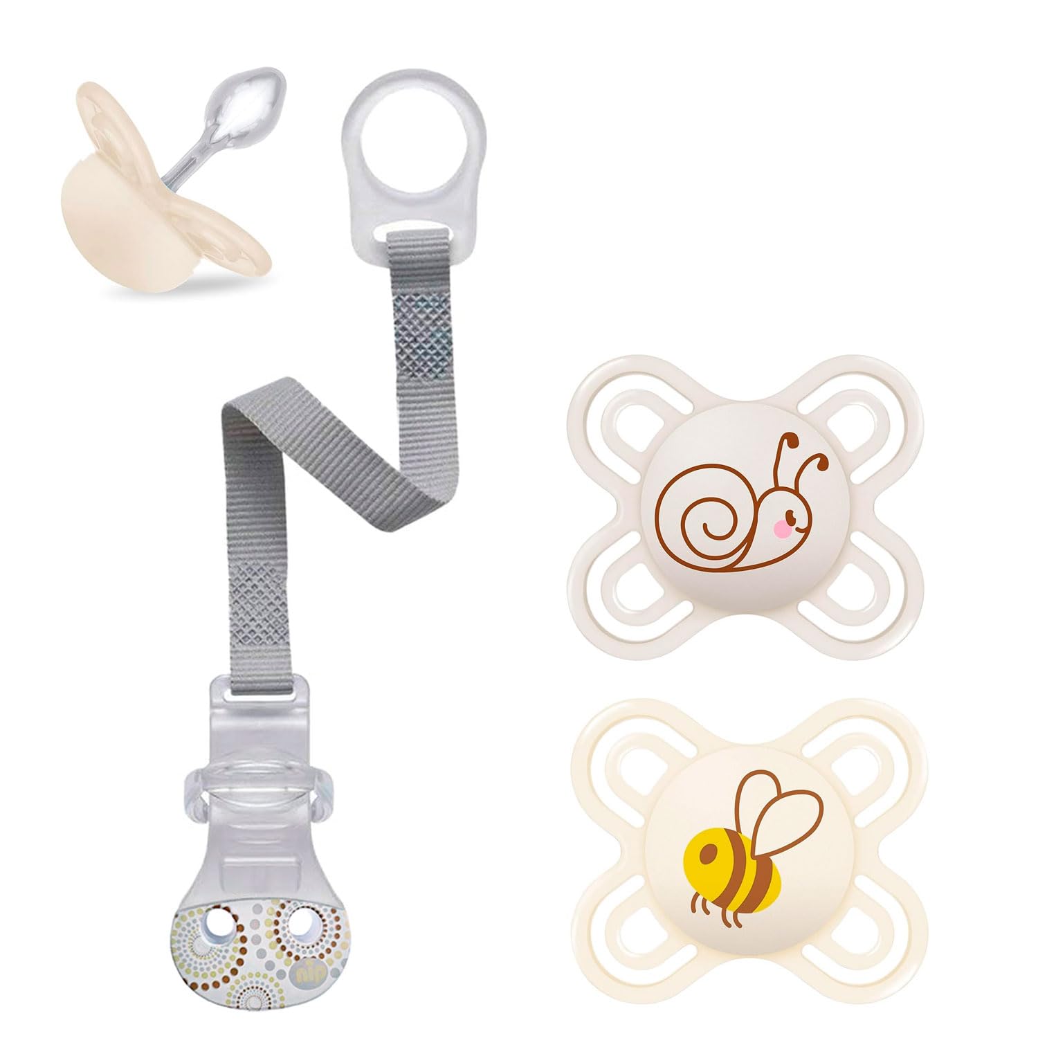 MAM Perfect Start Mini Dummy Set of 2, 0-2 Months Especially for Newborns, Breastfeeding-Friendly, Tooth-Friendly, Extra Light with Dummy Box, from Birth + NIP Dummy Strap with Clip