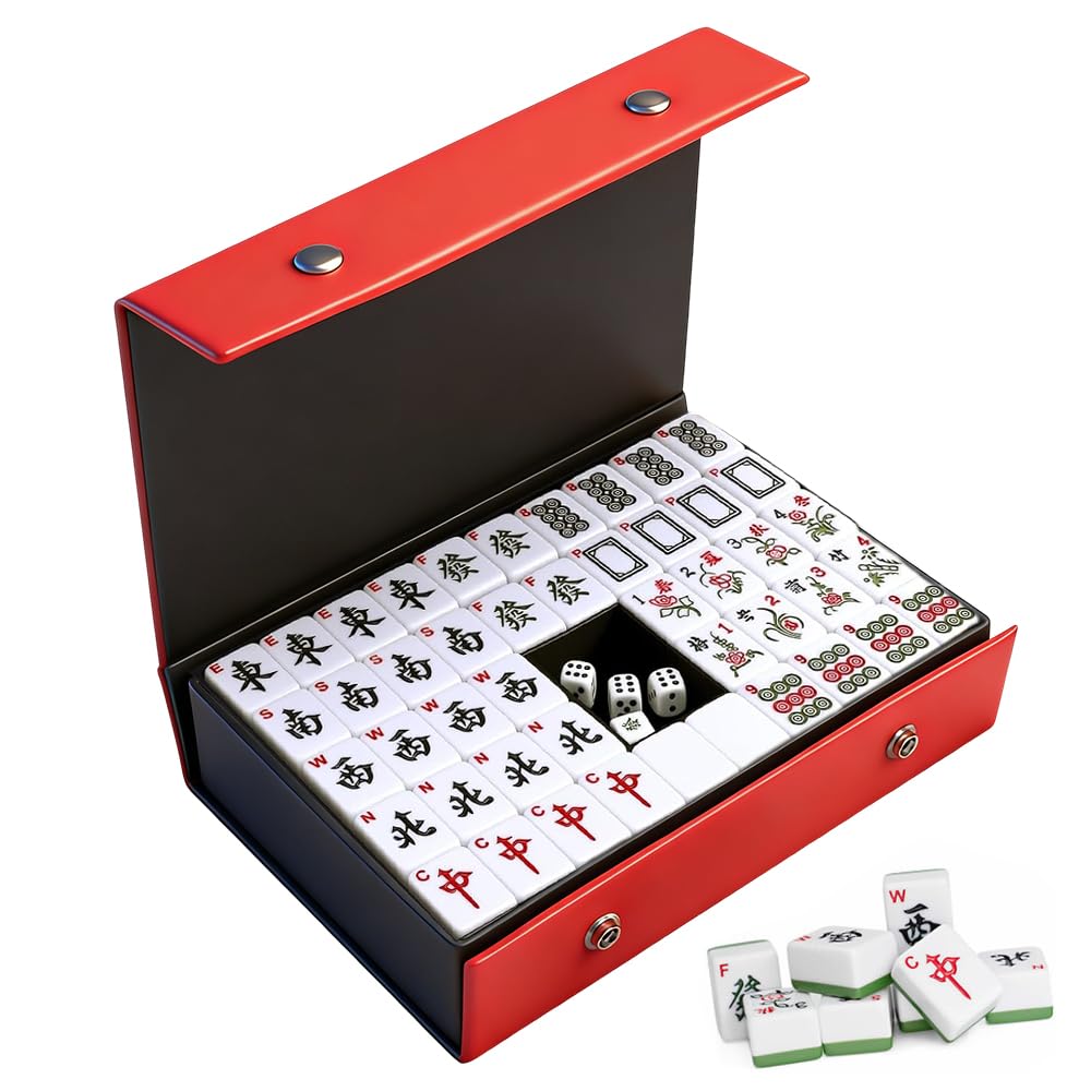 Weciau Mahjong Set, 144Pcs 3x2.26x1.6cm Mahjong Tiles, Portable Mahjong Game with 3 Dice, 2 Spare Tiles, Mahjong Set Full Size for Travel Family Party Leisure Fun
