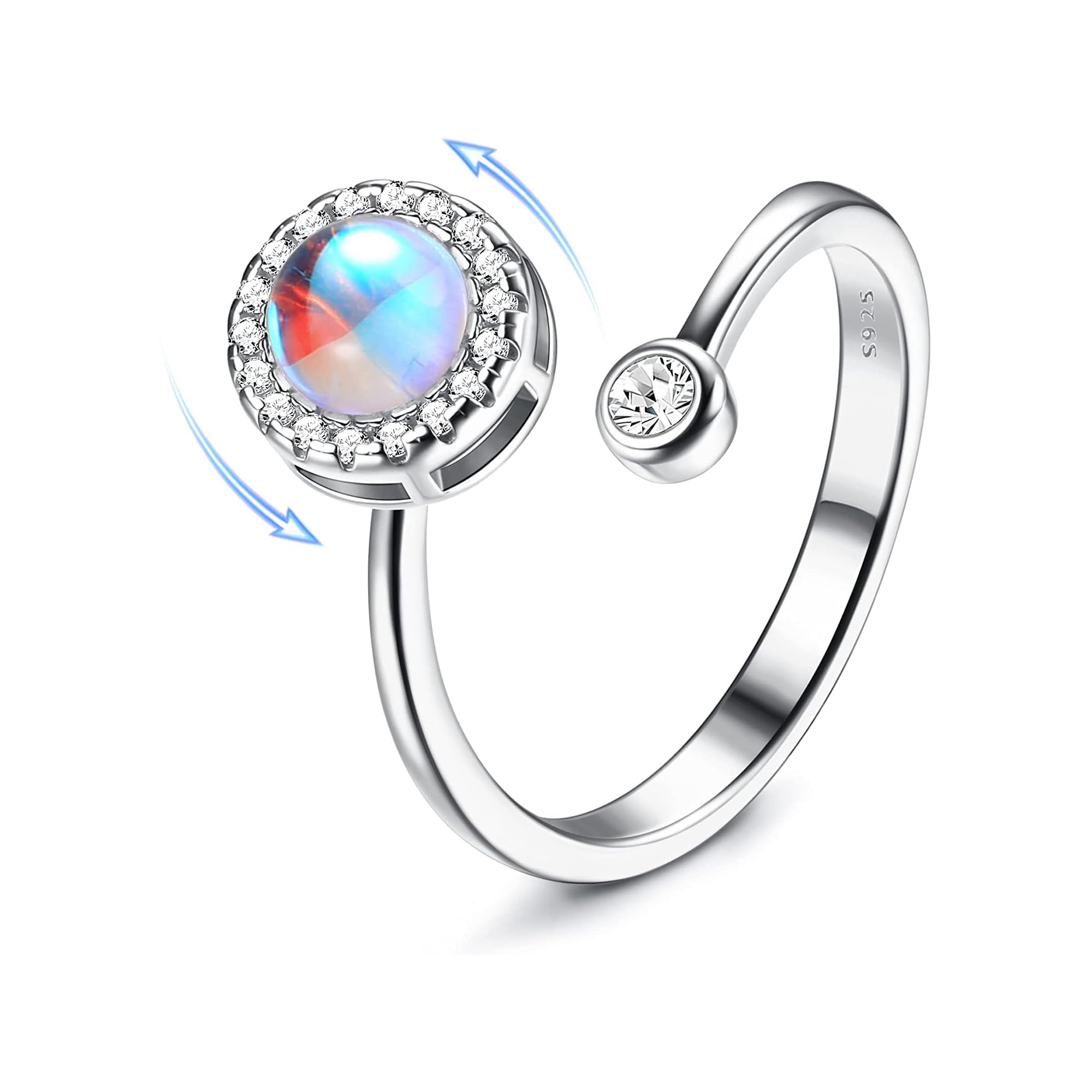Milacolato 925 Sterling Silver Fidget Rings For Women Girl Open Adjustable Anxiety Rings Spinner Ring Moonstone Opal Rings Stackable Knuckle Promise Wedding Engagement Rings with Gift Boxed