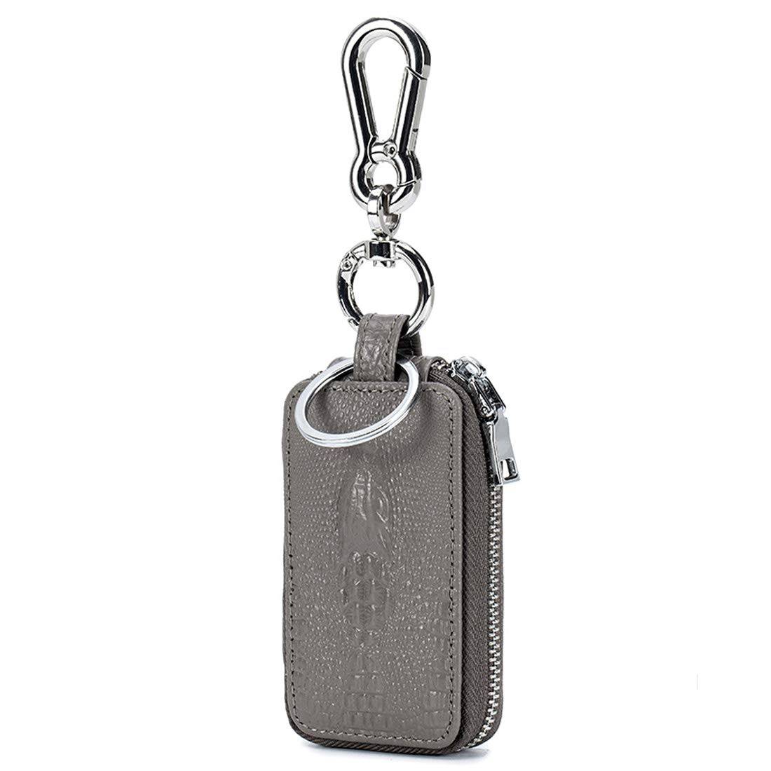 Aileder Car Key Case Genuine Leather Car Smart Key Chain Keychain Holder Metal Hook and Keyring Zipper Bag for Remote Key Fob (Grey)