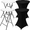 Wenqik 2 Set 32" High Top Round Folding Cocktail Tables White Bar Height with Removable Legs & 32x43 Black Spandex Stretch Table Covers(Black,Table Cover)