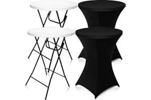 Wenqik 2 Sets 32" High Top Round Folding Cocktail Tables White Bar Height with Removable Legs & 32"x43" Spandex Stretch Table Covers (Black)