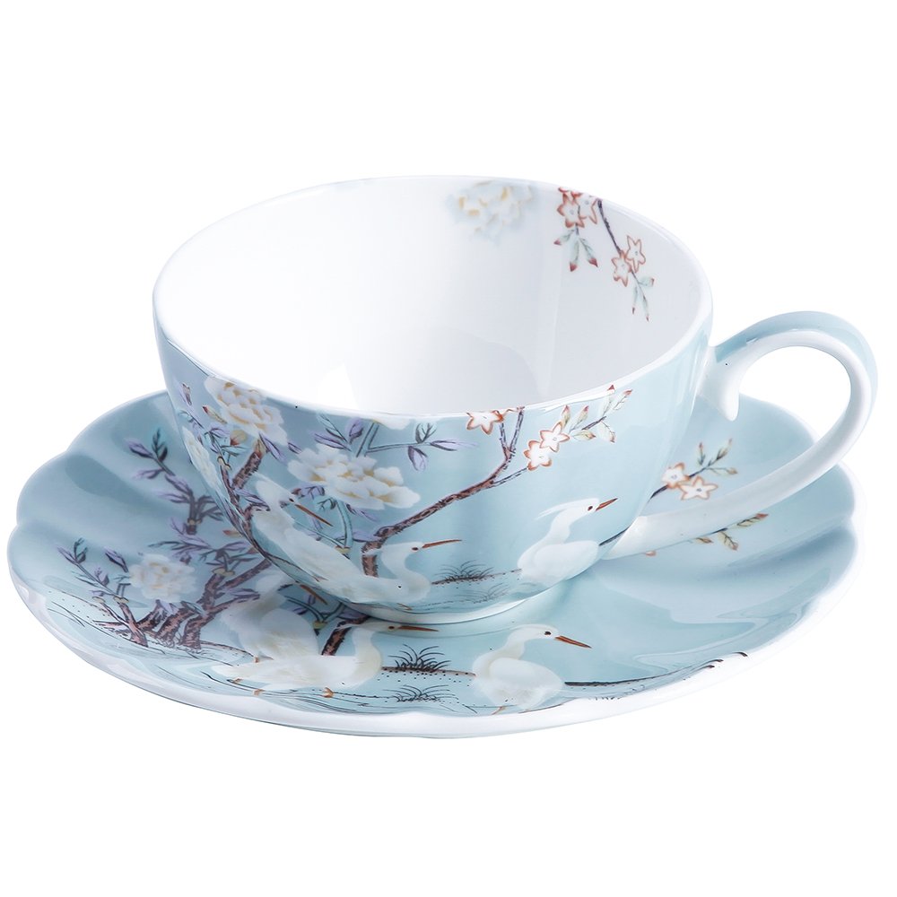 ufengke 8oz Blue Fine Bone China Coffee Cup with Saucer,Colored Flowers,White Crane Porcelain Tea Cup and Saucer