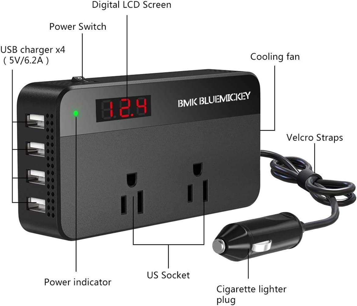BMK 200W Car Power Inverter DC 12V to 110V AC Car Inverter 4 USB Ports Charger Adapter Car Plug Converter with Switch and Current LCD Screen: Car Electronics