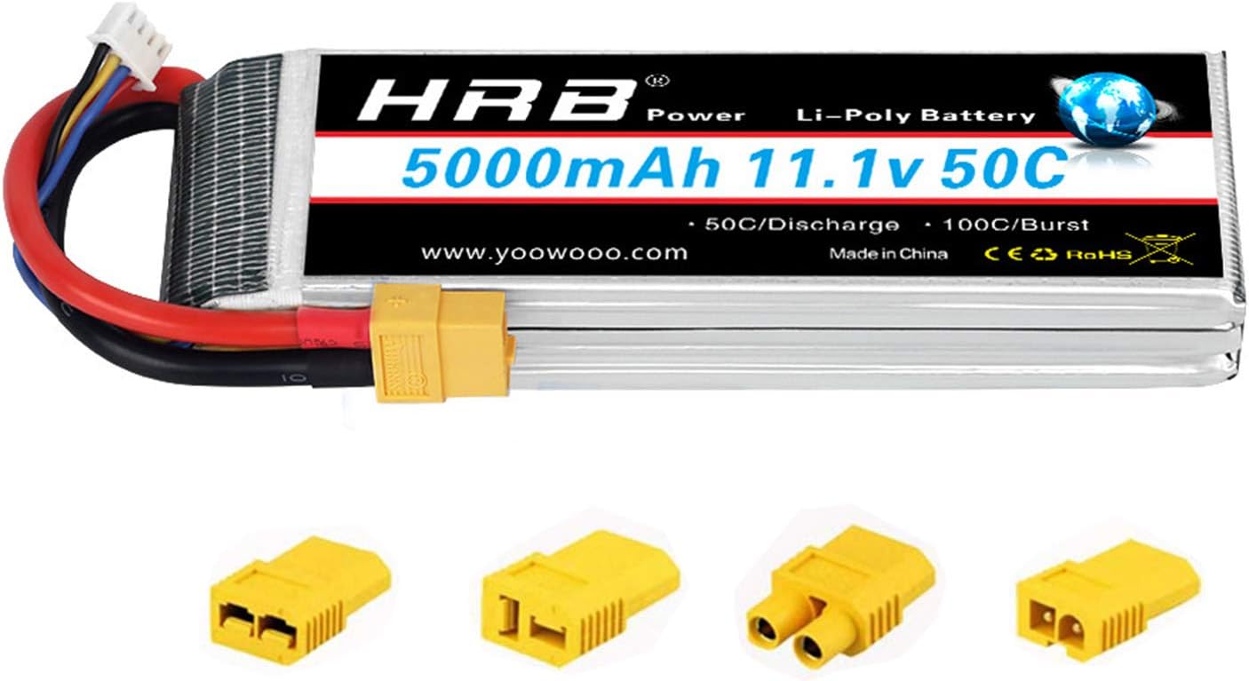 HRB 5000mAh 3S 11.1V 50C Lipo Battery with XT60/Deans T/TRX/EC3/Big Tamiya Plug Adapters for DJI F450 Quadcopter Airplane Helicopter Car Truck Boat Hobby
