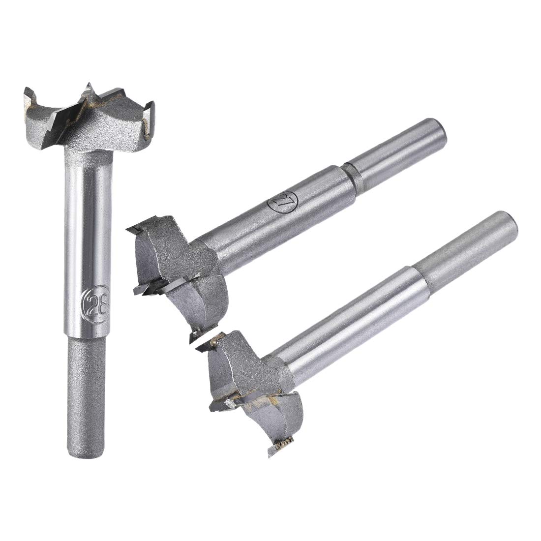 sourcing map Forstner Wood Boring Drill Bits 26mm 27mm 28mm Dia. Hole Saw Carbide Alloy Steel Tip Round Shank Cutting for Hinge Plywood Wood Tool 3in1 Set