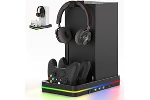 KEPLUG Dual Cooling Fan and Cooling Stand for Xbox Series X/S Console/Controller Dual Controller Charger Station with RGB LED Light & 3 USB Ports,Xbox Series x Accessories with 2 Headphone Hooks