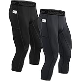 Roadbox 2 Pack Men's 3/4 Compression Pants, Athletic Basketball Workout Tights Leggings, Sport Running Spandex Base Layer