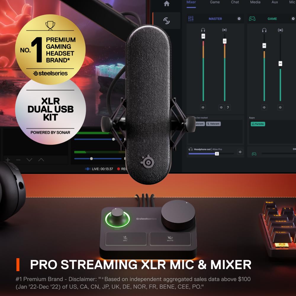 SteelSeries Alias Pro Kit — XLR Mic + Stream Mixer — 3x Bigger Capsule for Gaming, Streaming and Podcasting — USB/XLR Interface — Free Sonar Audio Software — Custom Controls — RGB — Single or Dual PC