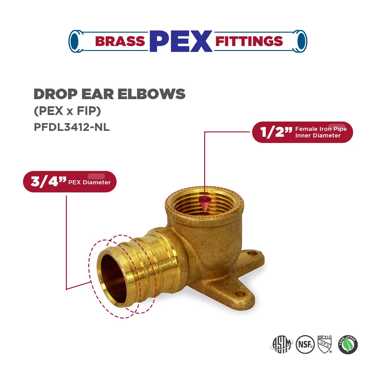 Everflow PFDL3412NL.3/4 Inch X 1/2 Inch Drop Ear Elbows PEX X FIP