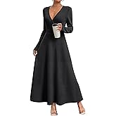 MISFAY Women's Casual Wrap Maxi Dress Long Sleeve Wedding Guest Cocktail Dresses A-Line Deep V-Neck with Pockets Dresses
