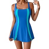 Aidonger One Piece Swimdress Tummy Control Swimsuit for Women Color Block Bathing Suit Skirt Modest Swim Dress