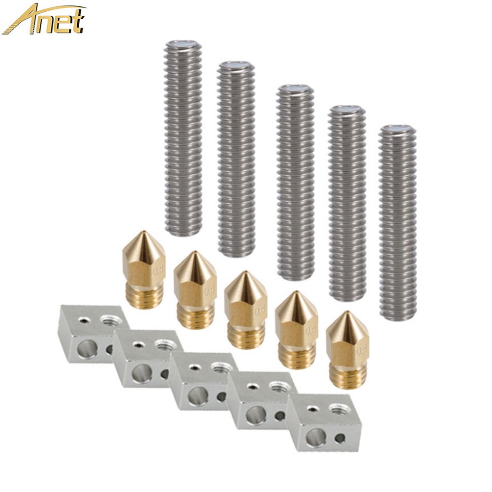 Anet A2 / A8 3D Printer Part, 5PC 0.4mm Brass Extruder Nozzle Print Head+ 5PC 30mm Length Teflon Throat Tube+ 5PC Heater Blocks Hotend for Anet A8 3D ...