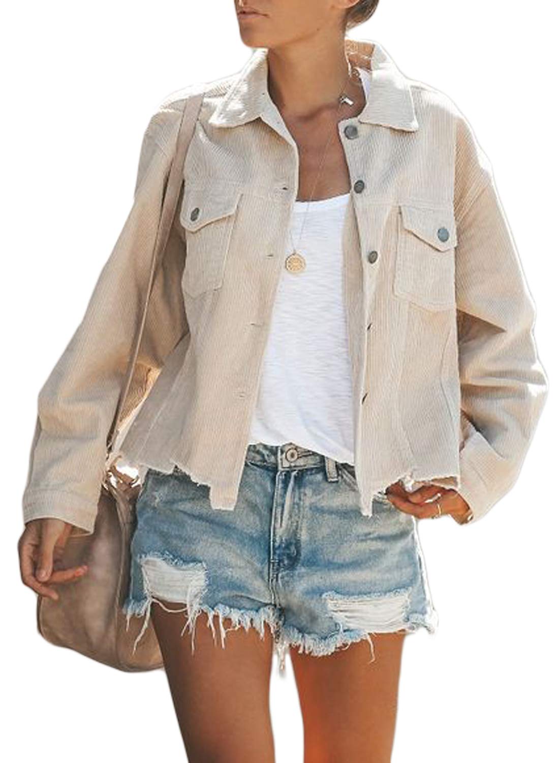 Women's Basic Distressed Wash Denim Jacket Frayed Hem Stretch Jean