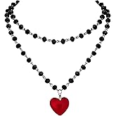 Sacina Goth Y2k Red Heart Necklace, Layered Black Beaded Heart Choker, Gothic Emo Grunge Y2k Necklace, Valentine Gift, Halloween Christmas Jewelry Gift For Women