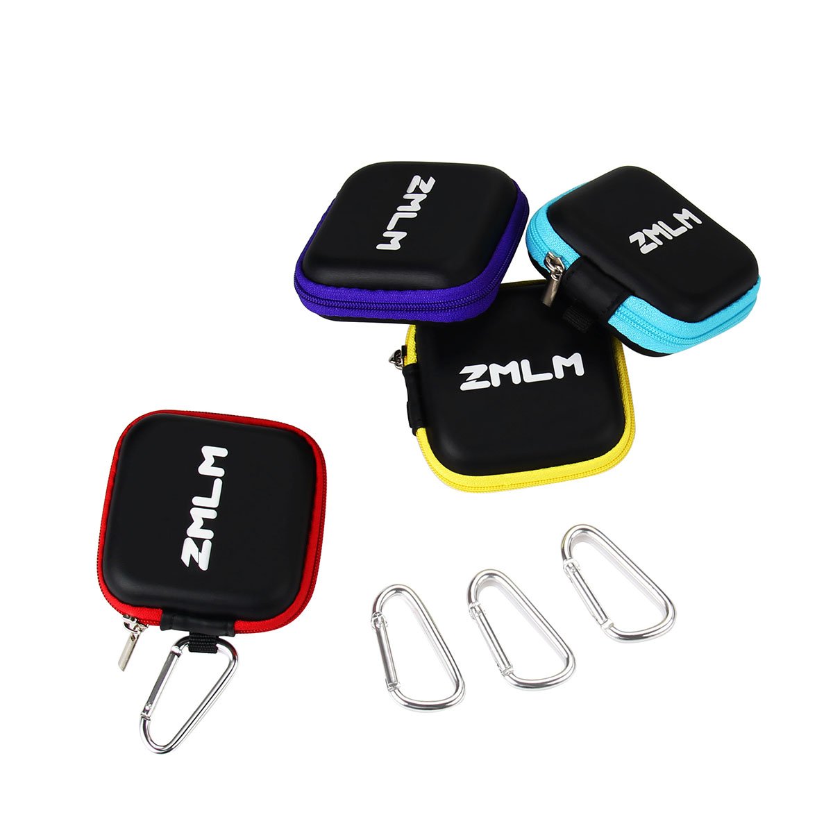 Earbud Carrying Case, ZMLM Mini Storage Pouch with Carabiner for Flash Drive Earphones Headphones USB Cable 4-Pack in 4 Colors