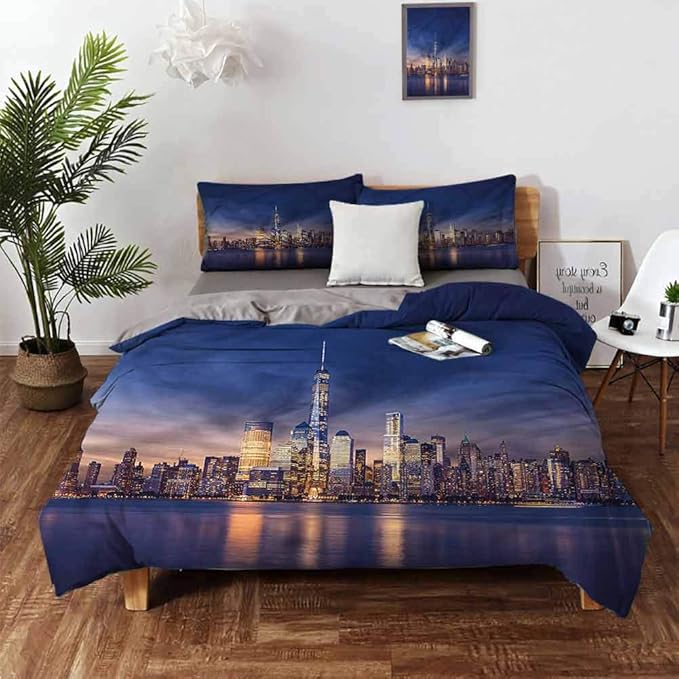 Washed Duvet Cover Set, City New York Skyline Evening 3