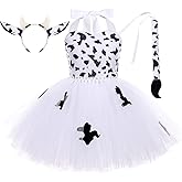 Toddler Girls Cow Cosplay Tutu Dress 3pcs with Cow Ears Headband Cow Tail Animal Fancy Costume Kit Halloween Cosplay Birthday Party Outfits Baby Girl Jungle Themed Cosplay Dress White Cow 9-10 Years