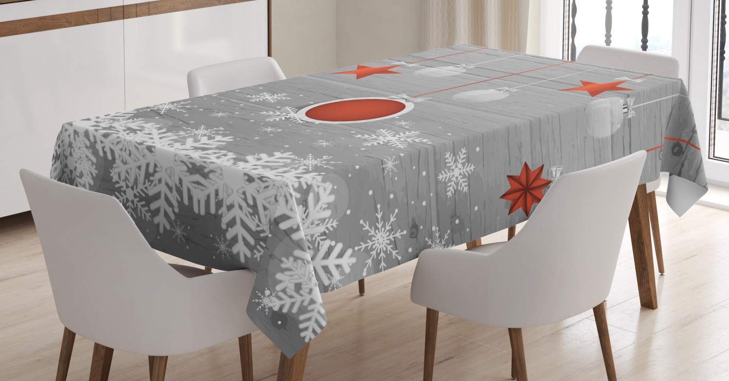 ABAKUHAUS Christmas Tablecloth, Traditional Celebration Theme Pendant Stars Baubles Ornate Snowflakes, Dining Room Kitchen Table Cover, 54" x 78", Grey White — image 1