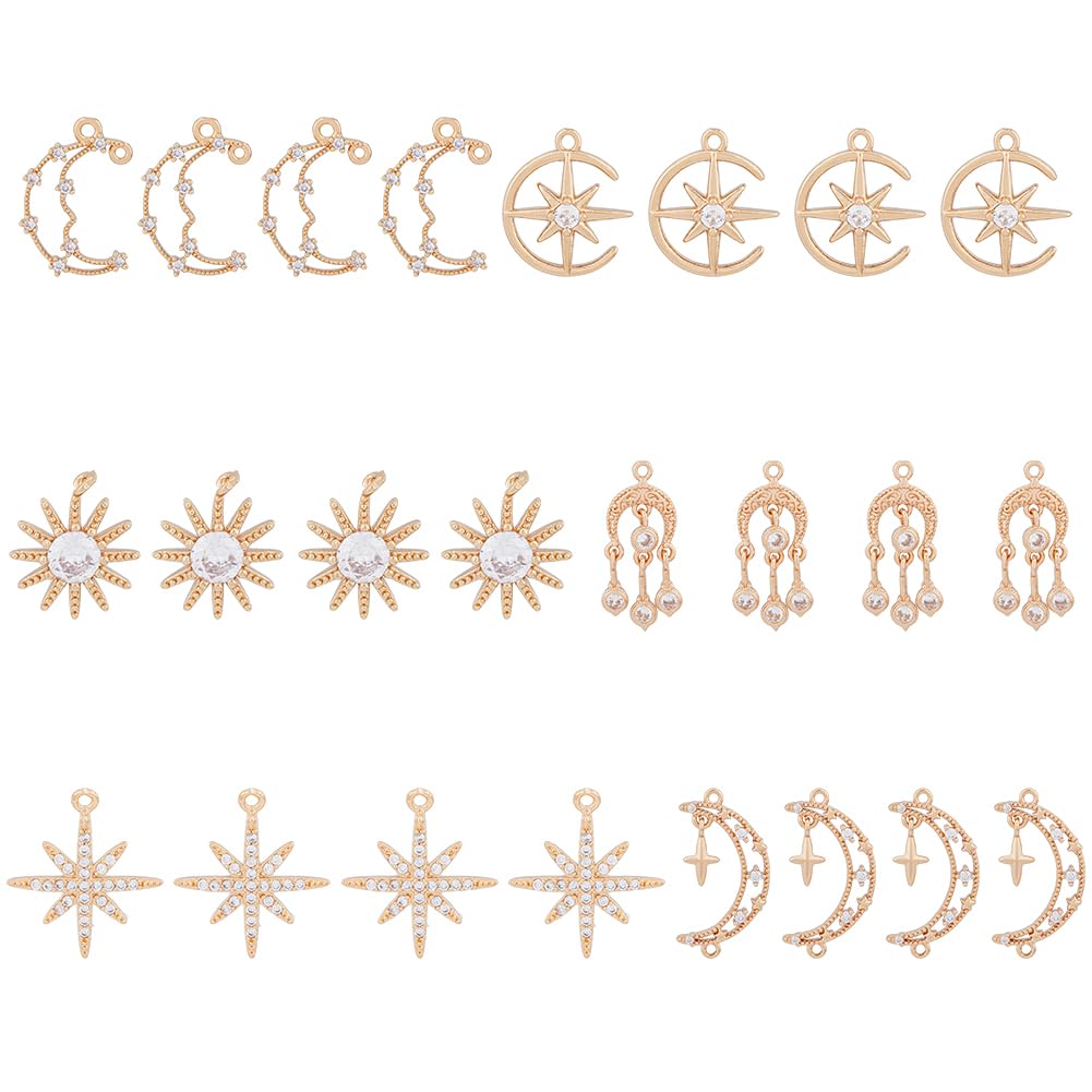 DICOSMETIC 24Pcs 6 Styles Rhinestone Star Moon Charms Cubic Zirconia Sun Charms Light Gold Plated Hollow Celestial Moon Dangle Pendants Brass Pendants for Jewelry Making, Hole: 1.2mm