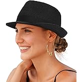 Creekstone Straw Fedora Sun Hat for Women Men Short Brim Panama Trilby Beach Hat Packable Summer Hat UPF 50+