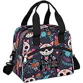 Lunch Bag Sugar Skull Flower Cat Lunchbox Organizer Insulated Waterproof Men Women Tote Cooler Handbag Adjustable Shoulder Strap for kids Girls Boys School Office Picnic