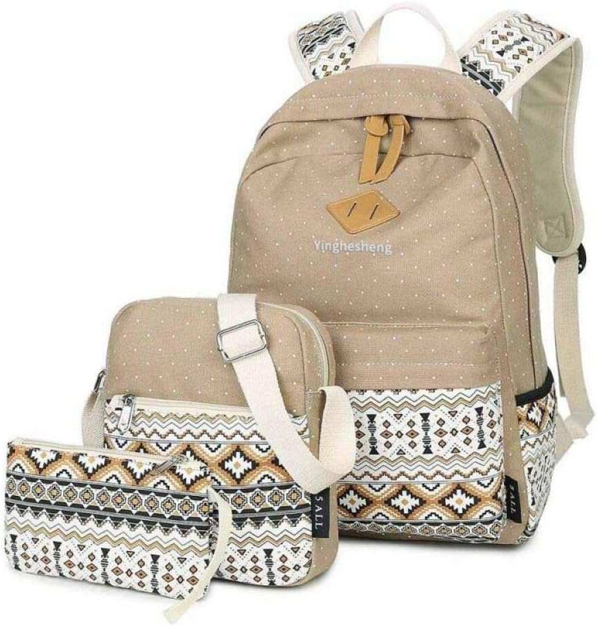 3 Piece Set Fashion Ladies Canvas Large School Backpack + Shoulder Bag + Pencil Case,Flesh