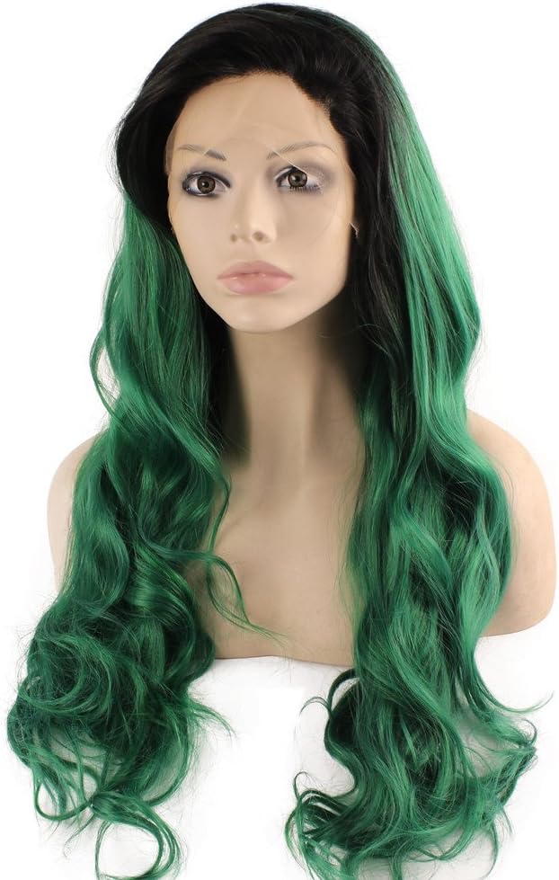 Iwona Long Wavy Lace Front Synthetic Hair Black Root Green Ombre Quality Cosplay Party Wig - Image 4