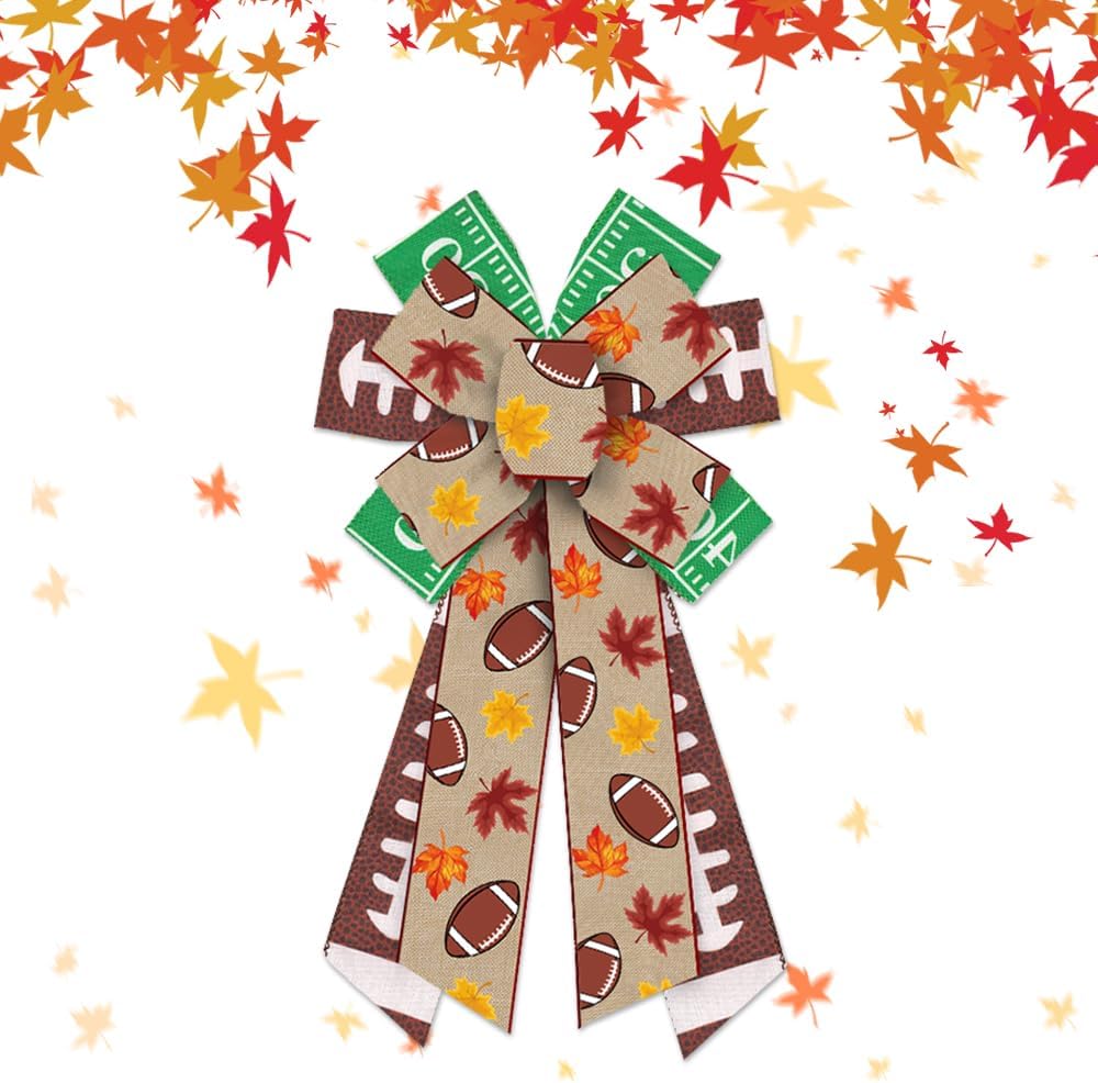 Bows & Ribbons - Estivaux Large Fall Bows for Wreath, Thanksgiving Wreath Bows Green Natural Burlap Bow Autumn Maple Leafs Football Craft Bow Holiday Farmhouse Tree Bows for Front Door Fall Thanksgiving Decorations