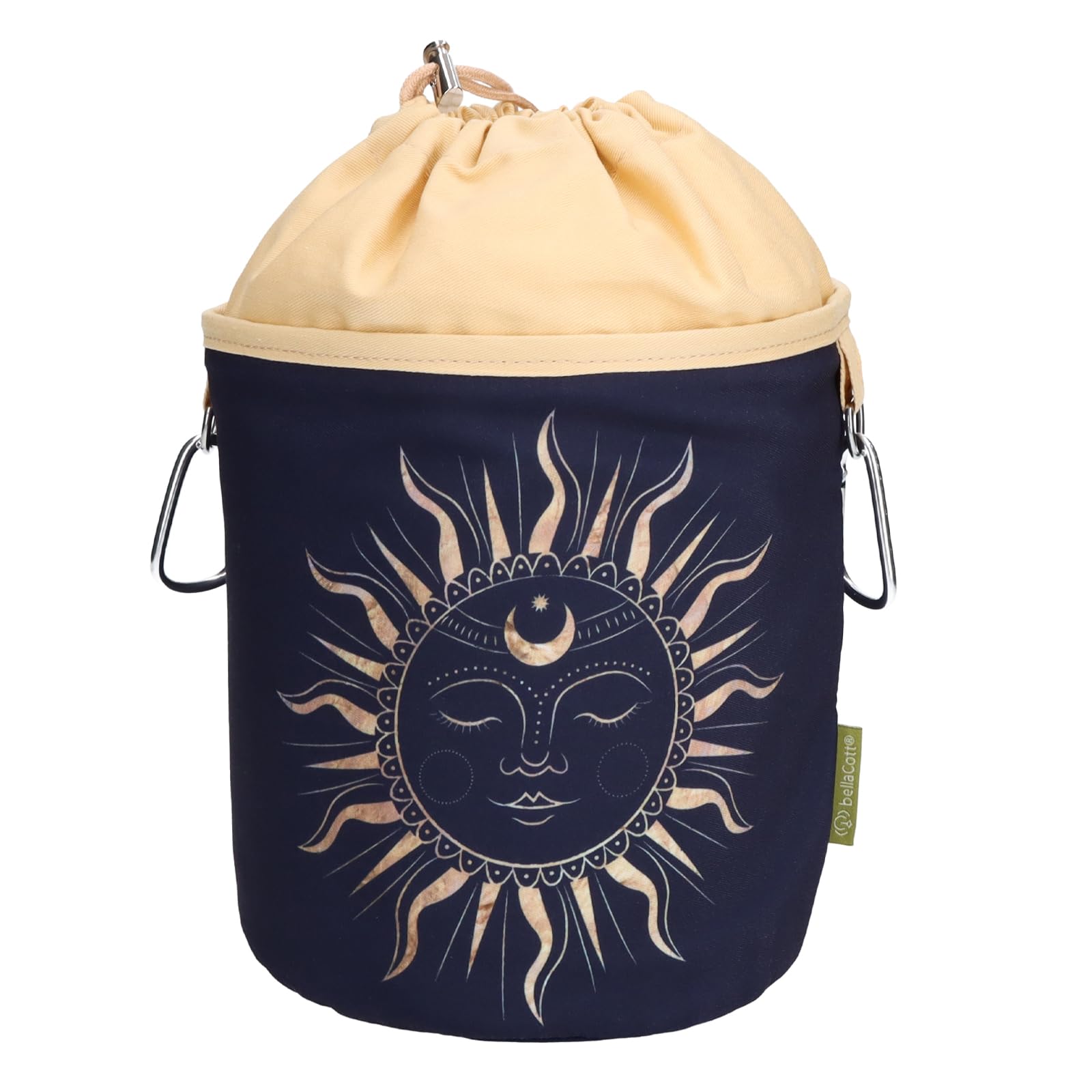 bellaCott Portable Clothes peg Bag for Hanging, Made of Cotton with 2 Sturdy Carabiner Hooks, Drawstring Closure and Metal Stopper for Storing Clothes pegs, Ø 17 cm x 28 cm, Design: Sun