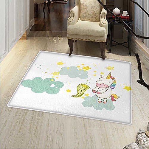 Unicorn Customize Floor mats Home Mat Baby Mystic Unicorn Girl Sitting on Fluffy Clouds Hunting Nursery Image Oriental Floor Carpets 3'x5' Green Yellow