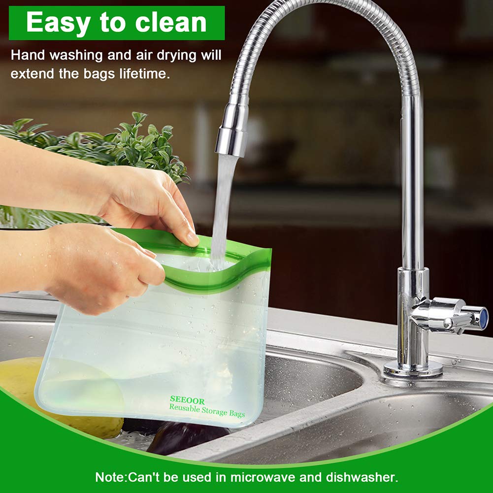 Reusable Storage Bags, SEEOOR Leakproof Freezer Bag, Ziplock Bags BPA Free for Food Snacks, Fruits, veggies, Lunch, Sandwiches, Make-up, Travel (4 Pack)