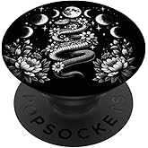 Witchy Snake Vertical Floral Moon Phase Black And White PopSockets Adhesive PopGrip