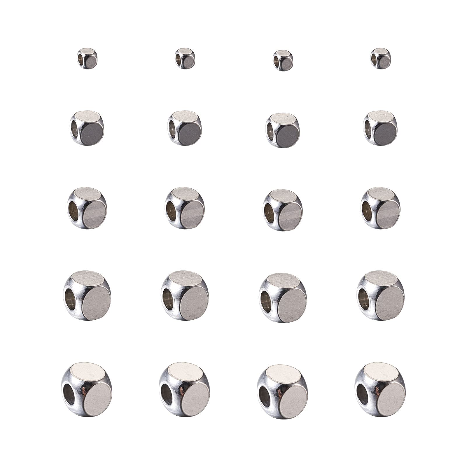 PandaHall 125pcs 304 Stainless Steel Cube Spacer Loose Beads 2~6mm Tiny Metal Smooth Charms Loose Beads for Necklace Bracelet Earring Jewelry Making, Stainless Steel Color