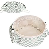 Narwey Lay Flat Open Drawstring Makeup Bag, Large Cosmetic Bag for Women Girls, Cute Make up Bags, Portable Travel Toiletry Bag for Skincare, Brushes & Travel Essentials (Green Checkerboard)