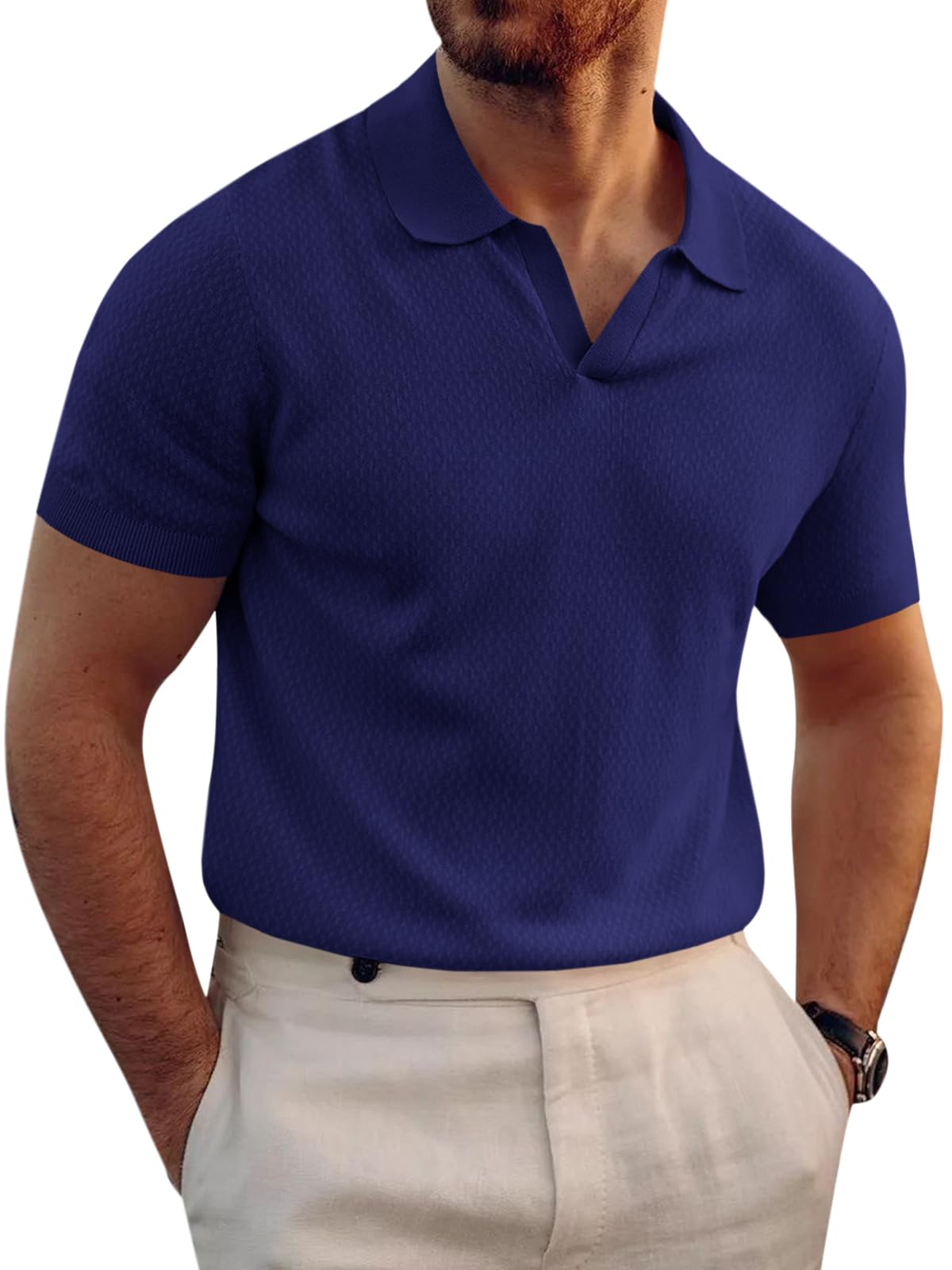 Photo 1 of Runcati Mens Knitted Polo Shirt Muscle Short Sleeve V Neck Stretch Casual Slim Fit Vintage Ribbed Golf T-Shirt Navy
