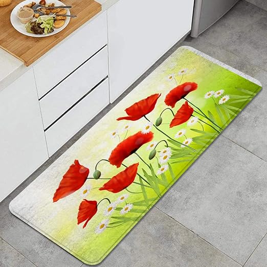QINCO AntiFatigue Kitchen Floor Mat,Spring Environment with Poppies