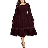 Plus Size Maxi Dress for Women Wedding Guest Fall Smocked Long Sleeve Round Neck Empire Waist Flowy Ruffle Dress 1XL~4XL