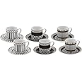 KARACA Helenistik Porcelain Turkish Coffee Cups Set for 6 People - 12 Piece Espresso Cup with Saucers - Drinking Serving Gift Set for Women - Ideal for Serving Turkish Coffee (Black and White, 80 ml)