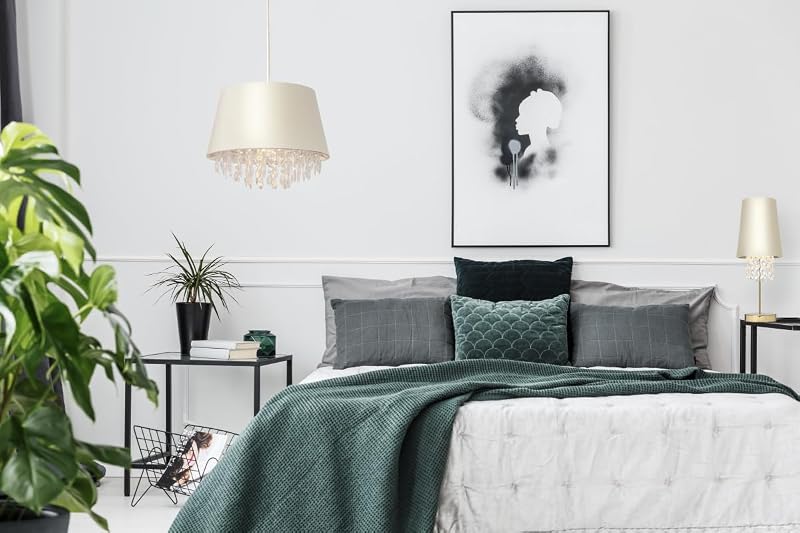NESTO lámpara colgante Ø30 cm – pantalla crema con cristales y interior dorado, casquillo E27, IP20, cable ajustable, una luz, ideal para dormitorio y salón, iluminación interior glamour