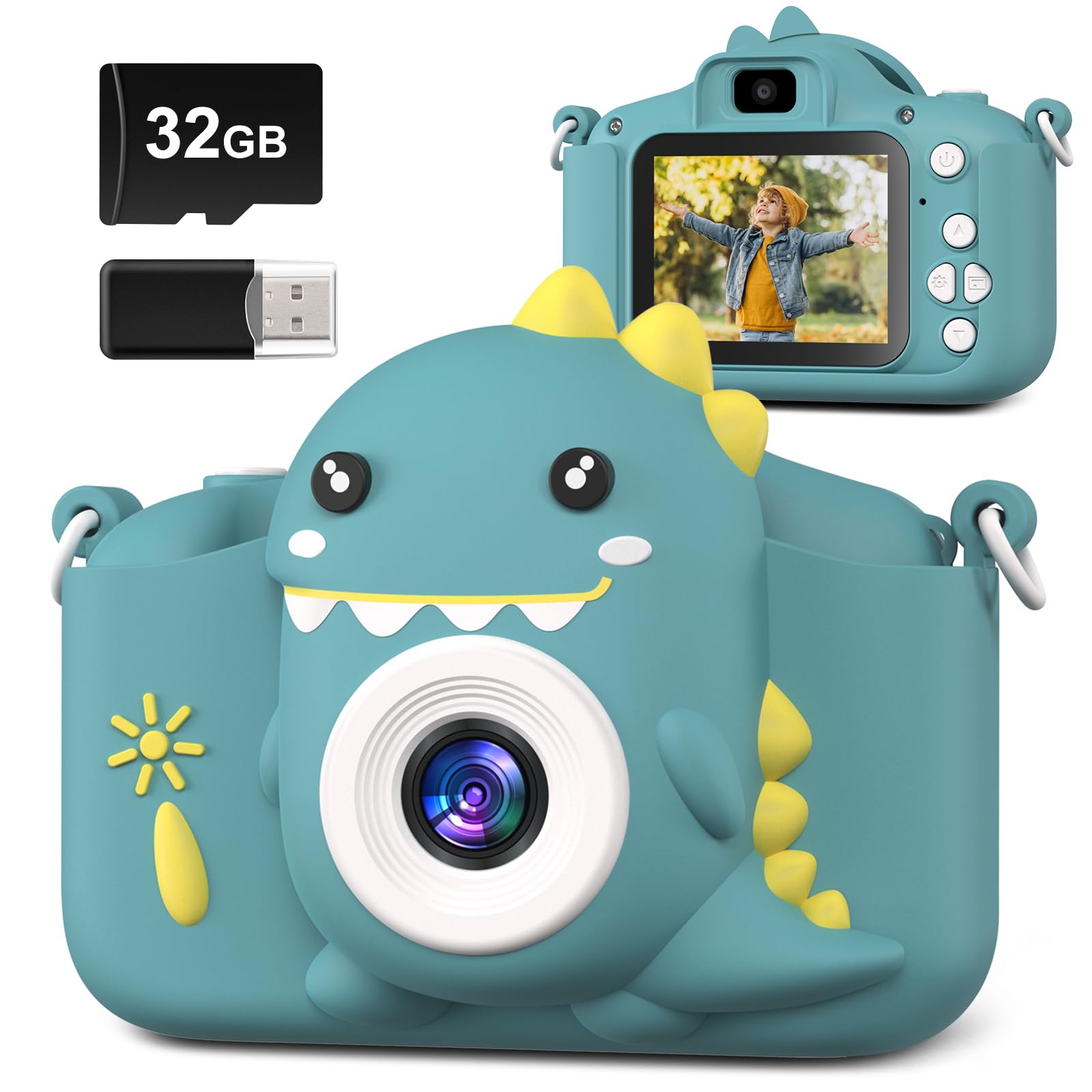 Hangrui Kids Camera, 20MP Kids Digital Dual Lens Cameras with Silicone Case 2.0 Inch IPS Screen 1080P Video Camcorder, 32GB Card,Shockproof Childrens Camera Toy for Boys & Girls Age 3-12(Dark Green)