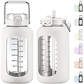 MUKOKO 84oz Glass Water Bottle with Time Marker and Silicone Sleeve 2.5L Water Jug with Stainless Steel Handle Gallon Drinking Bottle with 2-in-1 Lid Wide Mouth BPA Free, White