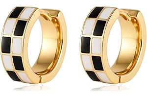 Sriomu Chic Checker Small Hoop Cartilage Earrings Teacher Earrings for Women；White Black Enamel Hypoallergenic Hooped Gifts Gold and Silver tone