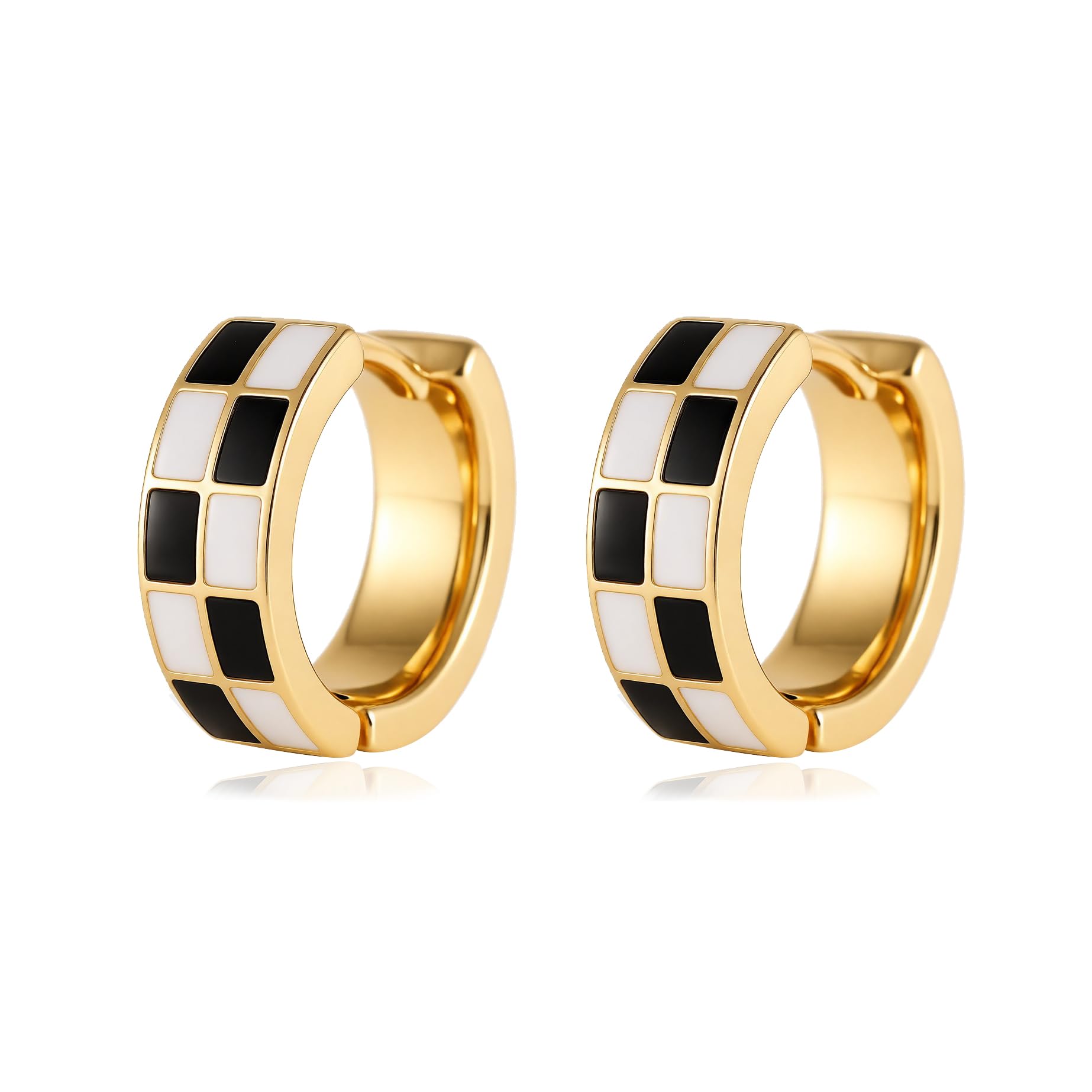 Sriomu Chic Checker Small Hoop Cartilage Earrings Teacher Earrings for Women；White Black Enamel Hypoallergenic Hooped Gifts Gold and Silver tone