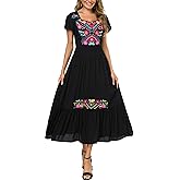 Women's Summer Maxi Dress Casual Floral Embroidered Round Neck Short Sleeve Ruffle Tiered Dress Flowy Boho Beach Sundress