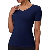 LWISMIL Women's V Neck Compression Shirts Short-Sleeve Athletic T-Shirt Slim Fit Workout Quick Dry Tops for Gym Sports