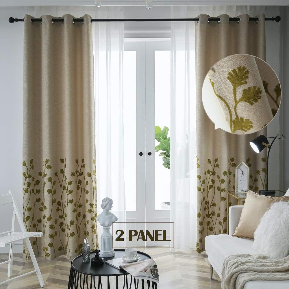 TINYSUN Reeds Flower Embroidered Bottom Linen Textured Curtain for Bedroom 2 Panels,Elegant Countryside Designed Window Darkening Curtains for Living Room (Beige/Plant,W52xL84,Total is 104-inch Wide)
