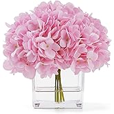 rubystory Silk Pink Hydrangea Artificial Flowers in Vase with Faux Water, Silk Flower Arrangements in Vase for Home Decor, Wedding Table (Pink)