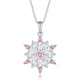 Oskani Snowflake Necklace for Women 925 Sterling Silver 5A Cubic Zirconia Birthstone(White/Aquamarine/Pink) Pendant Necklace Jewelry Winter Christmas Birthday for Her
